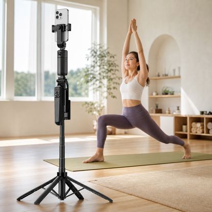 Content creator using OrbitTrack tripod for hands-free fitness filming