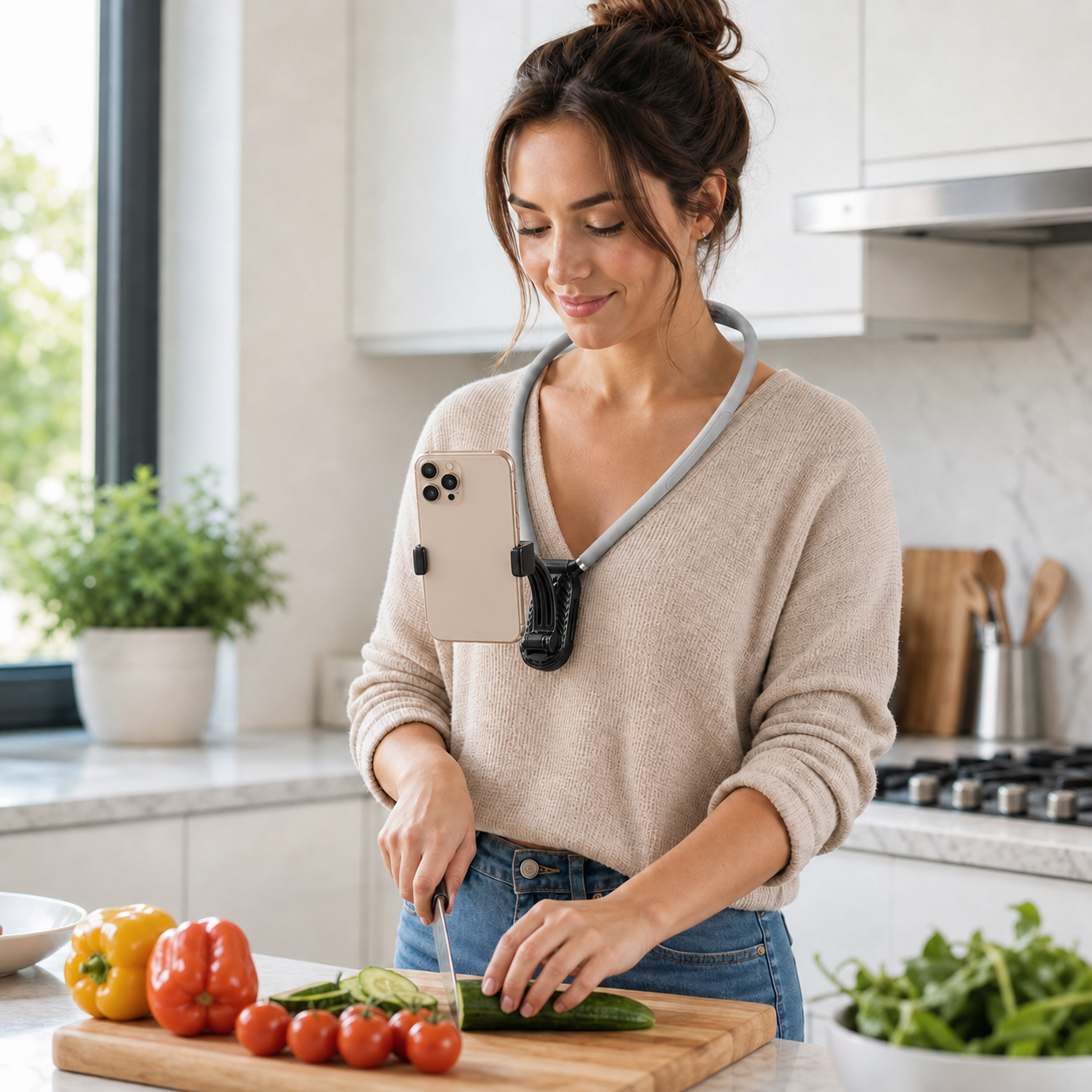 Creator using the Norevyn POVLoop universal phone clamp version while cooking hands-free