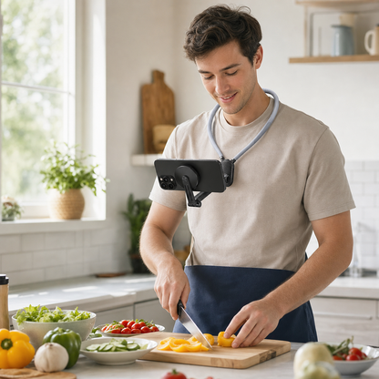 Creator using the Norevyn POVLoop mount for hands-free cooking video