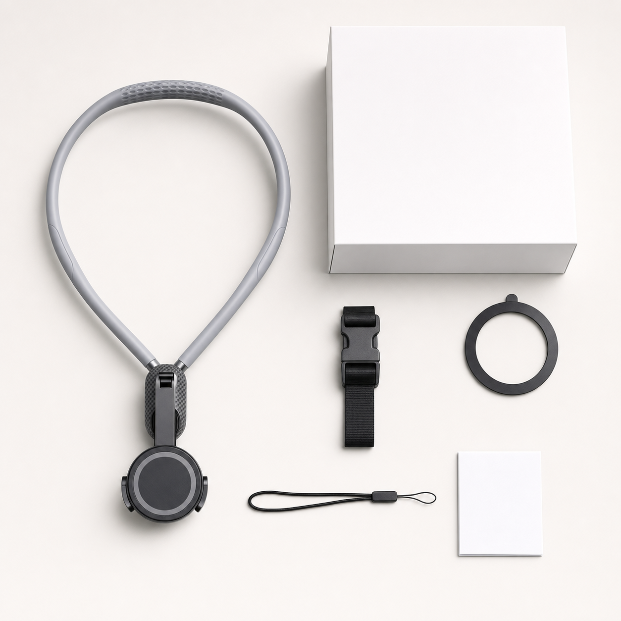 Norevyn POVLoop package contents including neck mount, strap, magnetic plate, lanyard, guide and box