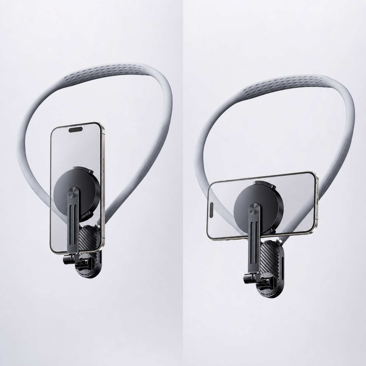 Norevyn POVLoop magnetic phone mount shown in portrait and landscape positions