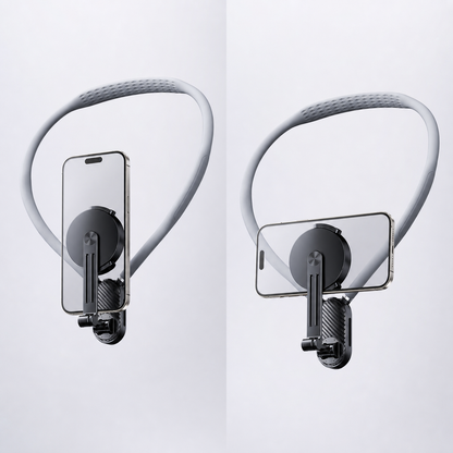 Norevyn POVLoop magnetic phone mount shown in portrait and landscape positions